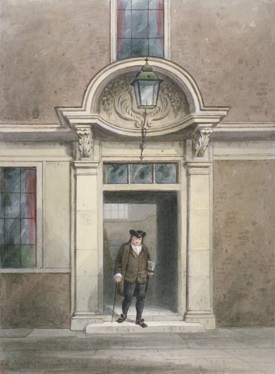Utsikt över Dr Johnsons dörr och trappa, Inner Temple Lane, City of London, 1855. av Thomas Hosmer Shepherd