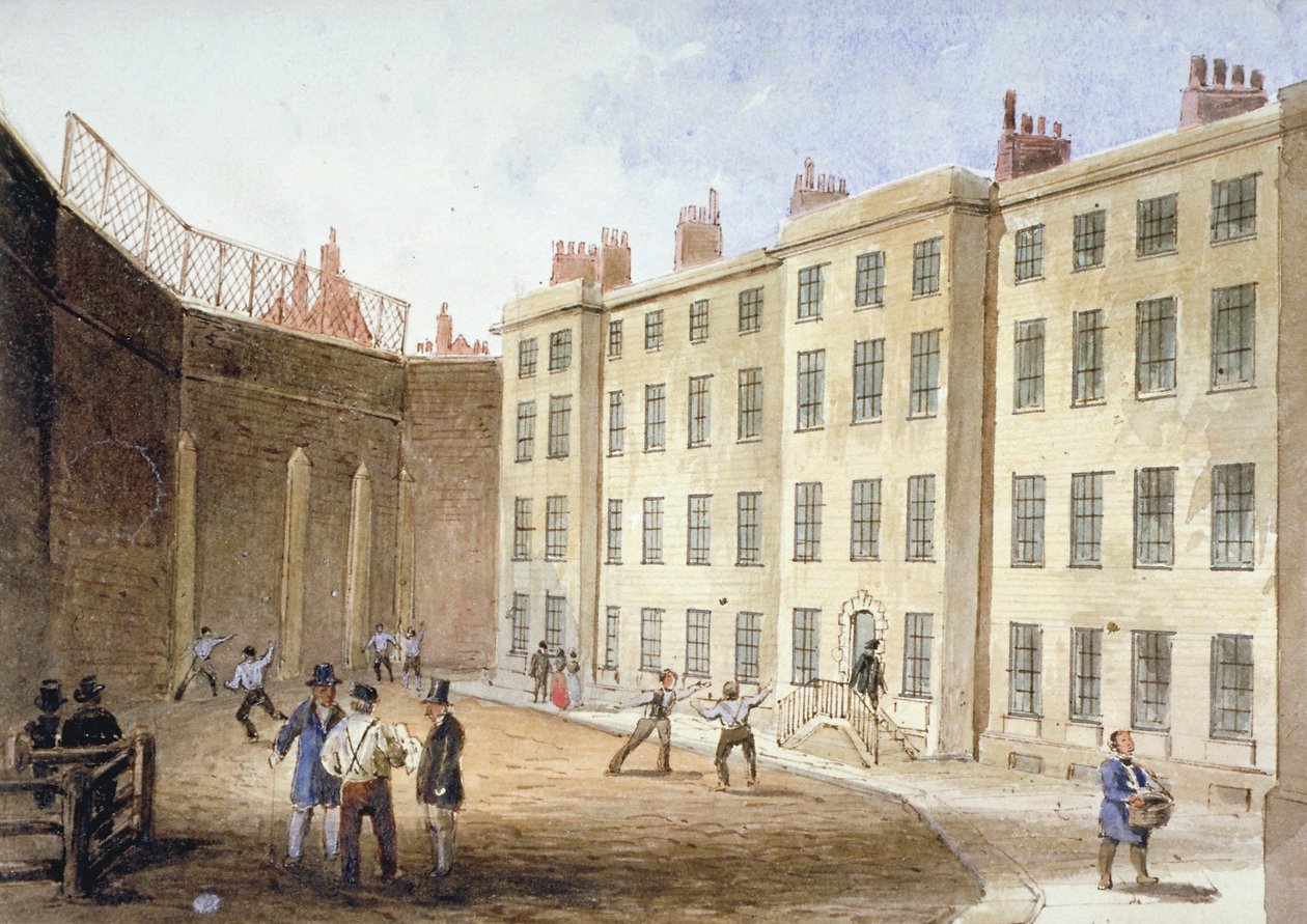 Utsikt över Fleet Prison från tennisbanan, City of London, 1845 av Thomas Hosmer Shepherd