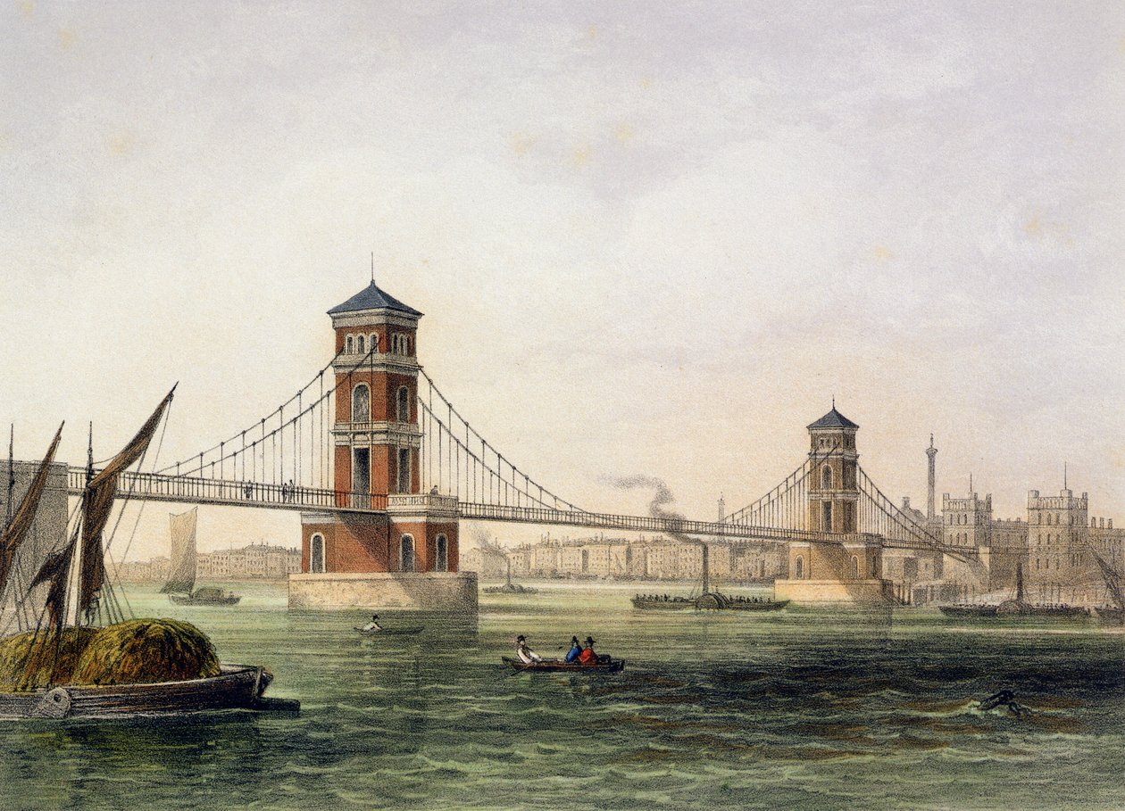 Vy över Hungerford Bridge från öster, graverad av Jean Jacottet (1806-c.43) 1854 av Thomas Hosmer Shepherd