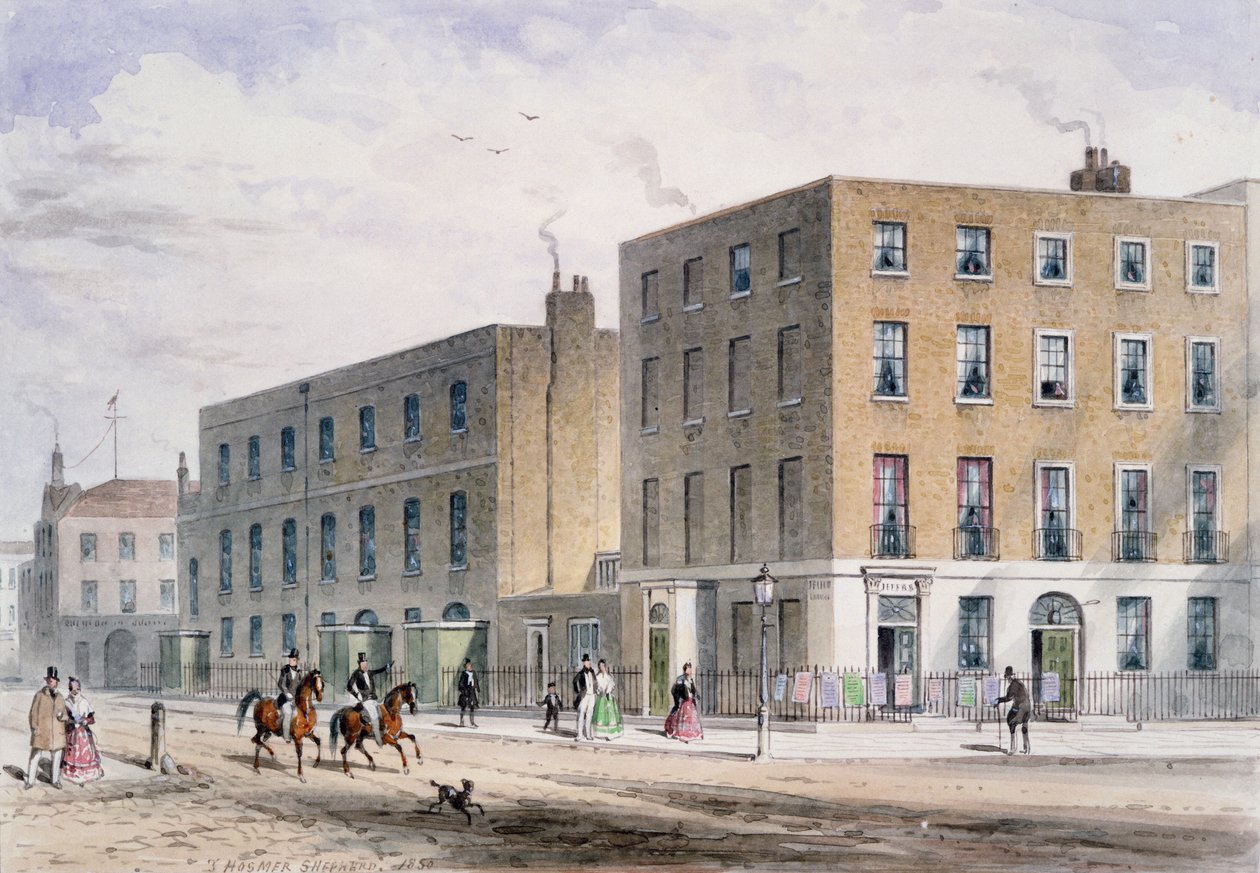 Mtazamo wa Soho Square na Chapel ya Kikatoliki, 1850 swed av Thomas Hosmer Shepherd