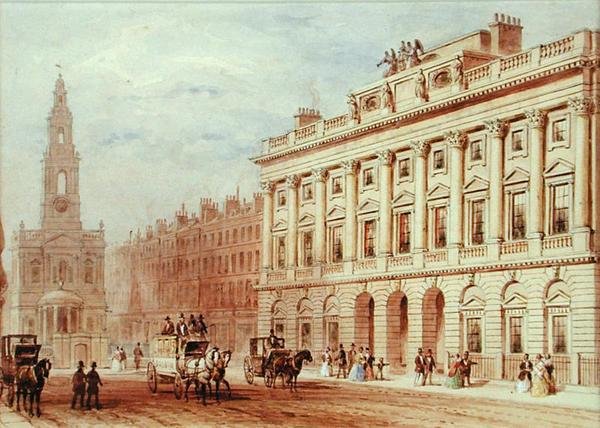 Utsikt över Somerset House och Church of St. Mary Le Strand (penna och akvarell på papper) av Thomas Hosmer Shepherd