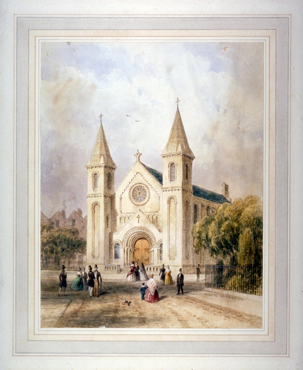 Utsikt över en okänd religiös byggnad på Regent Square, St Pancras, London, 1842. av Thomas Hosmer Shepherd