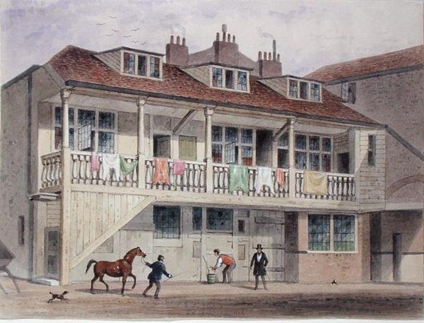 Utsikt över Black Lion Inn, Whitefriars Street, ca 1855 (akvarell på papper) av Thomas Hosmer Shepherd