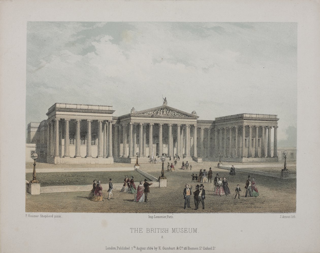 Utsikt över British Museum, med besökare som går utanför, 1854 av Thomas Hosmer Shepherd