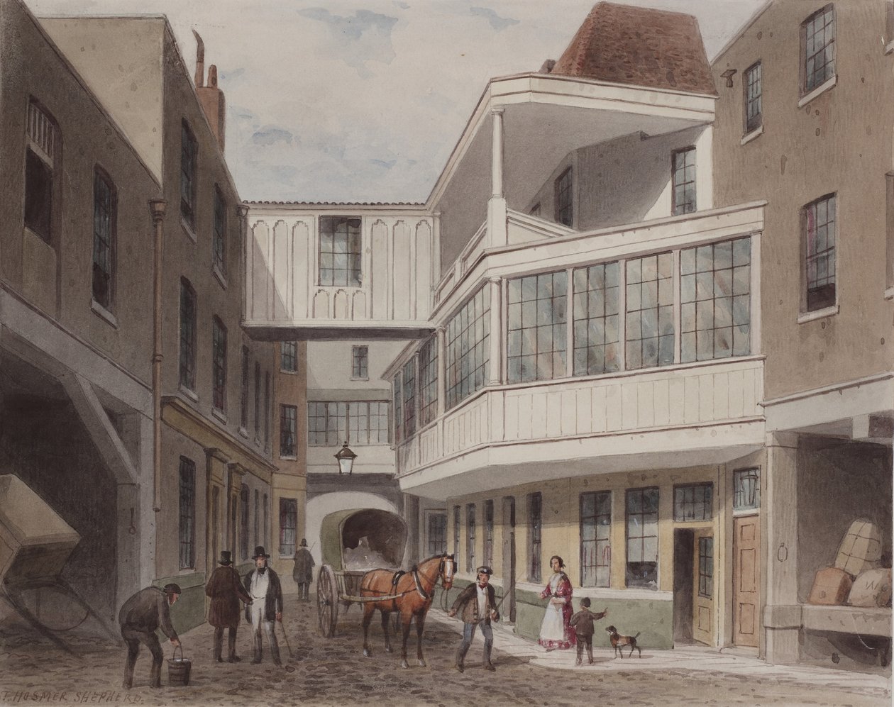 Utsikt över Cross Keys Tavern, Wood Street, ca 1850 (wc på papper) av Thomas Hosmer Shepherd