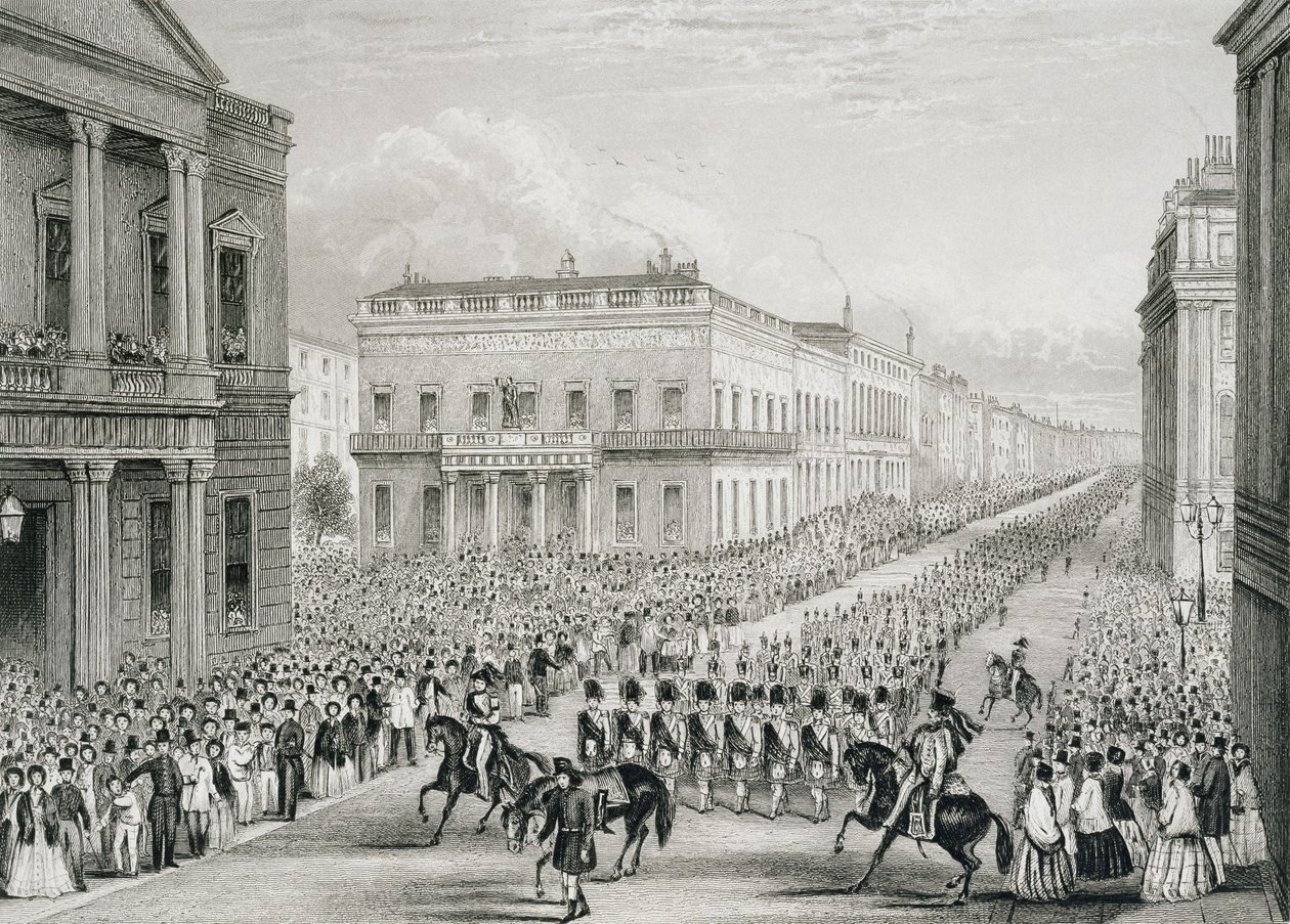 Wellingtons begravningsprocession förbi Senior United Service Club, Pall Mall. av Thomas Hosmer Shepherd