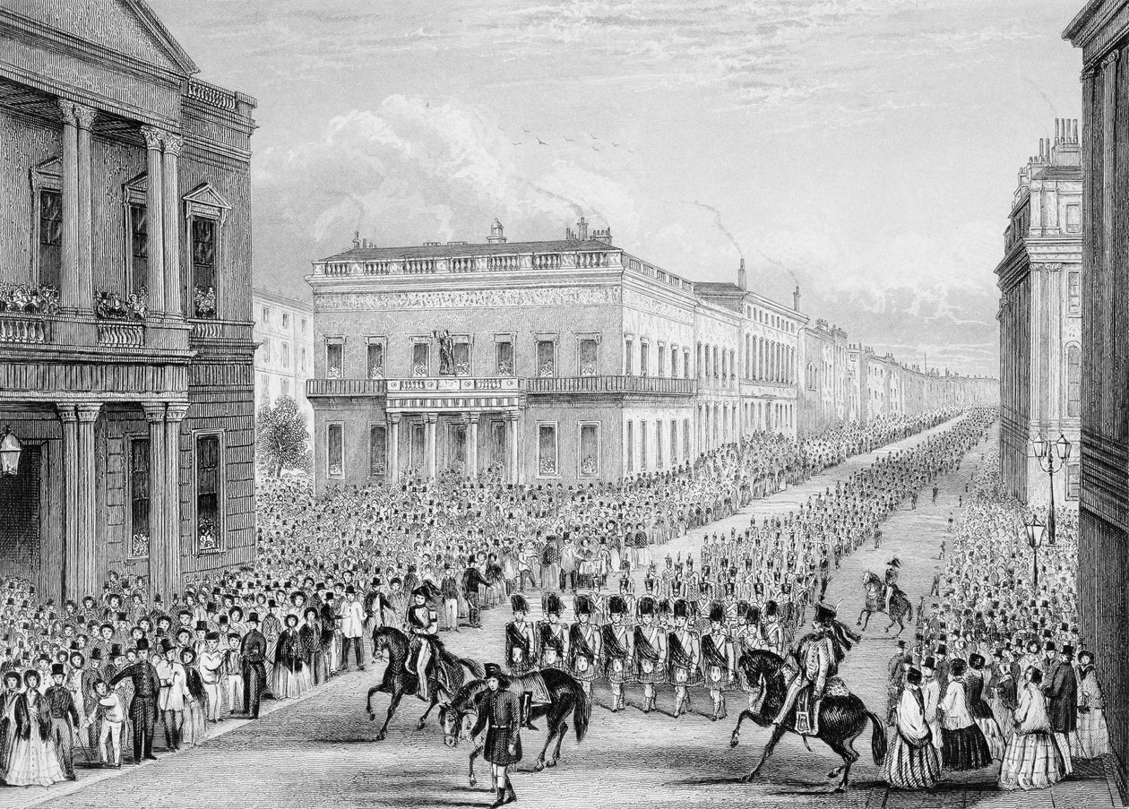 Wellingtons begravningståg passerar Senior United Service Club, Pall Mall, London, 1852 av Thomas Hosmer Shepherd