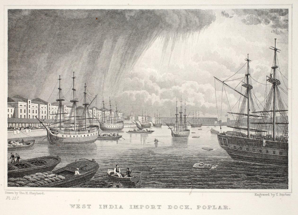 West India Docks, Isle of Dogs, från London och dess omgivningar i 1800-talets pub. Jones und Co., 1827-1829 av Thomas Hosmer Shepherd
