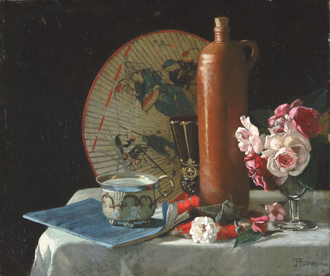 Stilleben med fläkt och rosor, 1874. av Thomas Hovenden