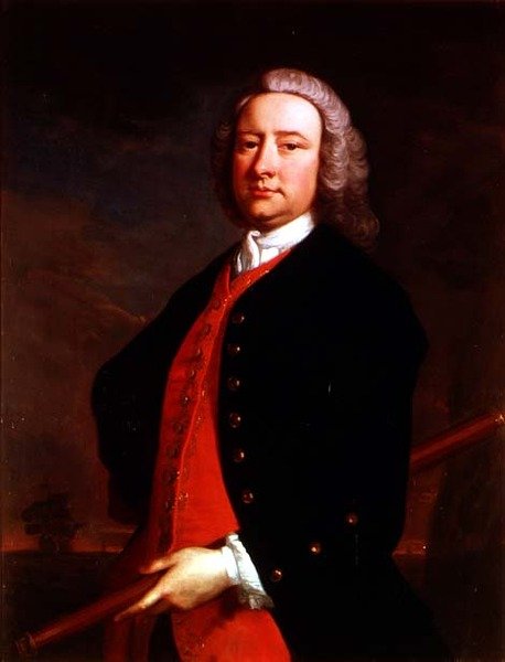 Porträtt av Edward Henry Sartorius som håller ett teleskop med ett kustlandskap utanför. av Thomas Hudson
