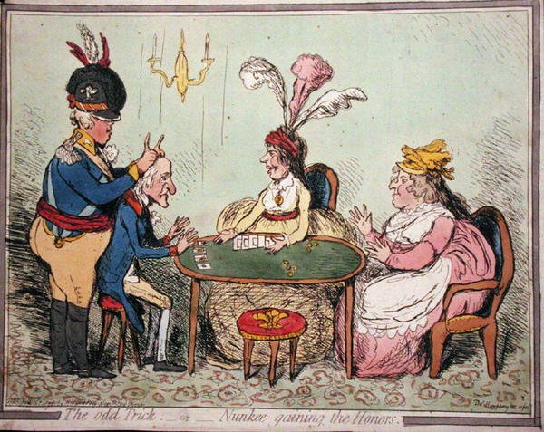 The Odd Trick, or Nunkee Gaining the Honours, publicerad av Hannah Humphrey 1796 (handfärgad etsning) av Thomas Humphrey