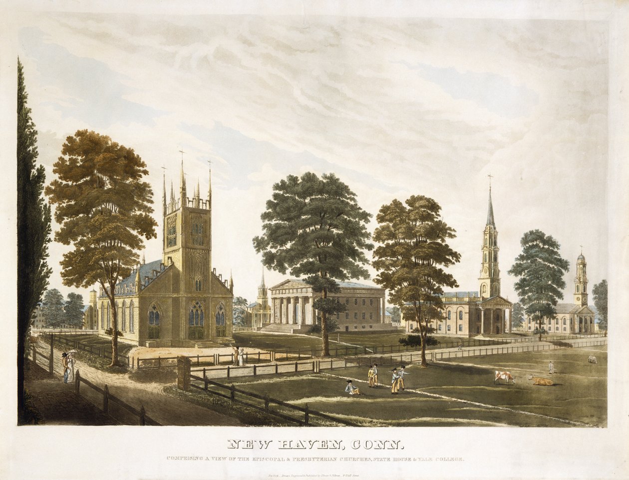 New Haven, Connecticut. Med utsikt över de episkopala och presbyterianska kyrkorna, State House och Yale College av Thomas Illman
