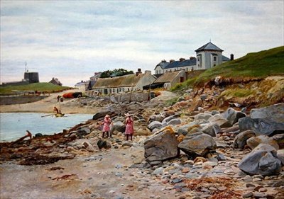 Kingsland, Cornwall, med två flickor på en strand av Thomas J. Purchas