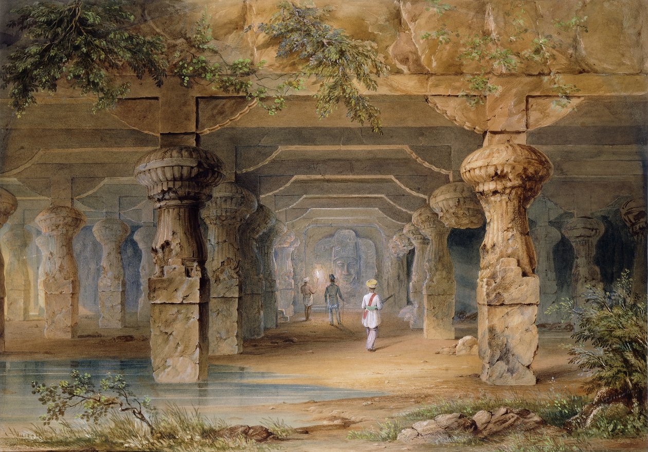 Interiören av den stora grottan, Elephanta, Bombay, 1800-talet av Thomas J. Rawlins