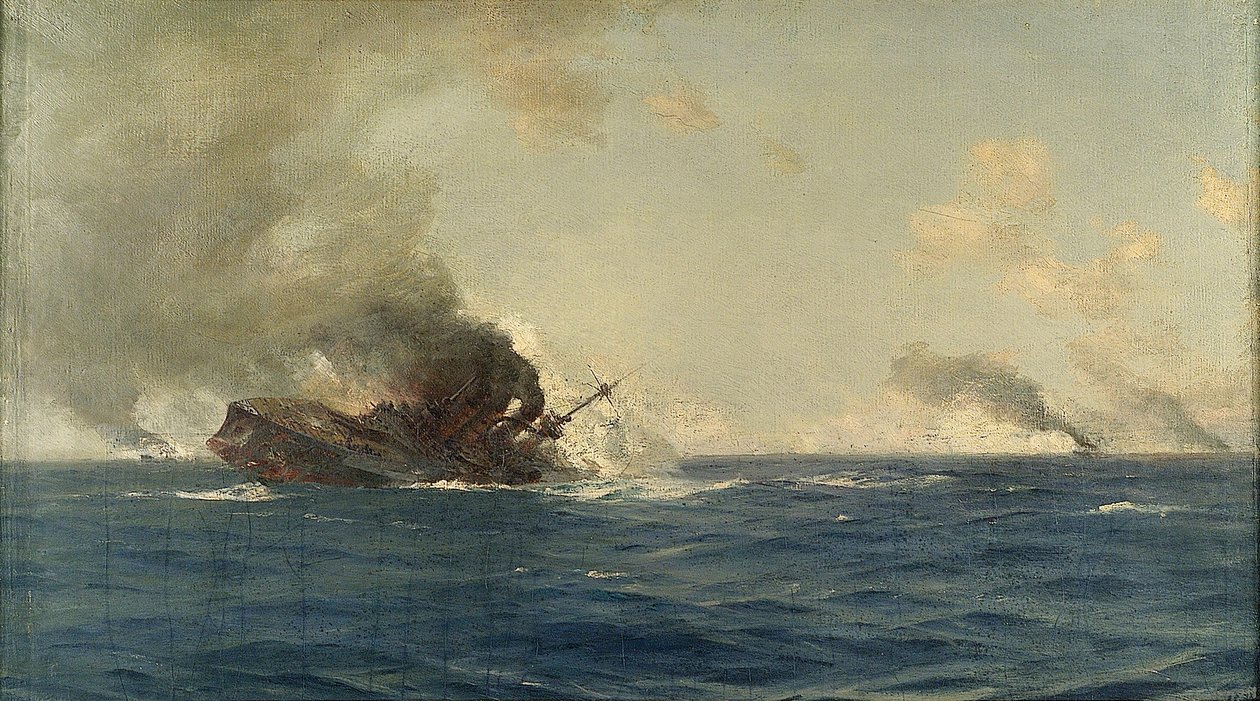 Sänkningen av "Scharnhorst" vid slaget om Falklandsöarna, 8 december 1914, ca 1915 (olja på duk) av Thomas J. Somerscales