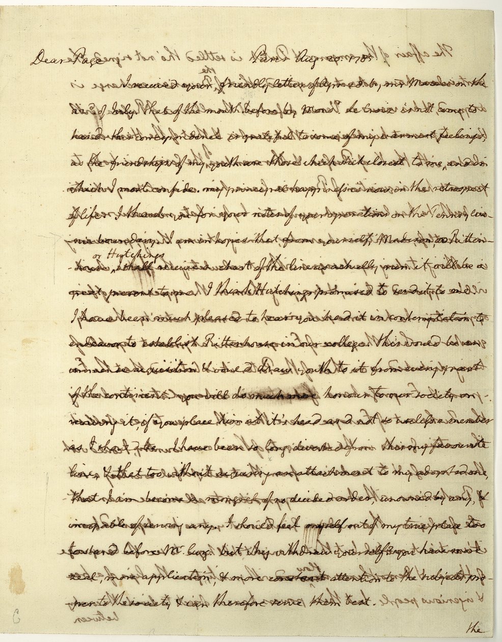 Autografbrev undertecknat som amerikansk minister till Frankrike, till Dr. John Page av Thomas Jefferson