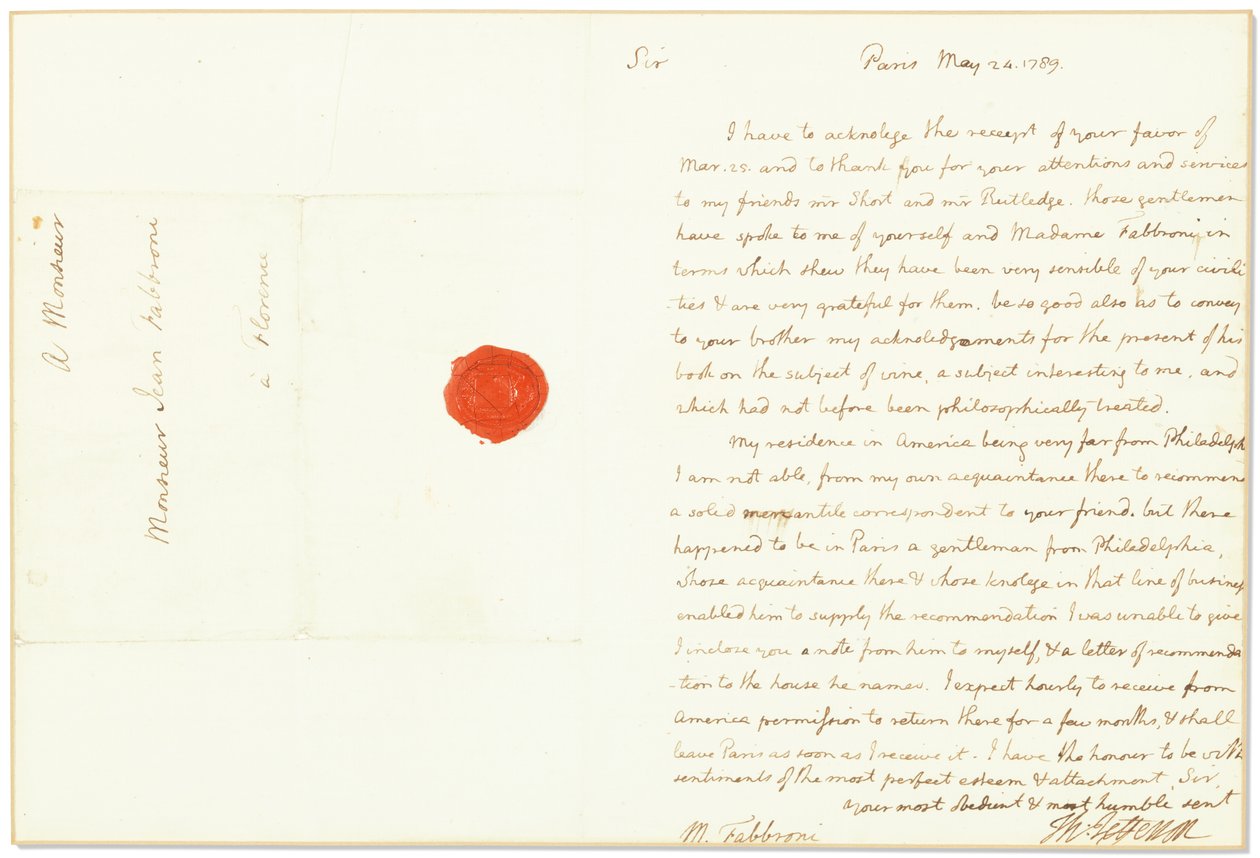 Autografbrev undertecknat som USA:s ambassadör i Frankrike, till Giovanni Fabbroni, Paris, 24 maj 1789 av Thomas Jefferson