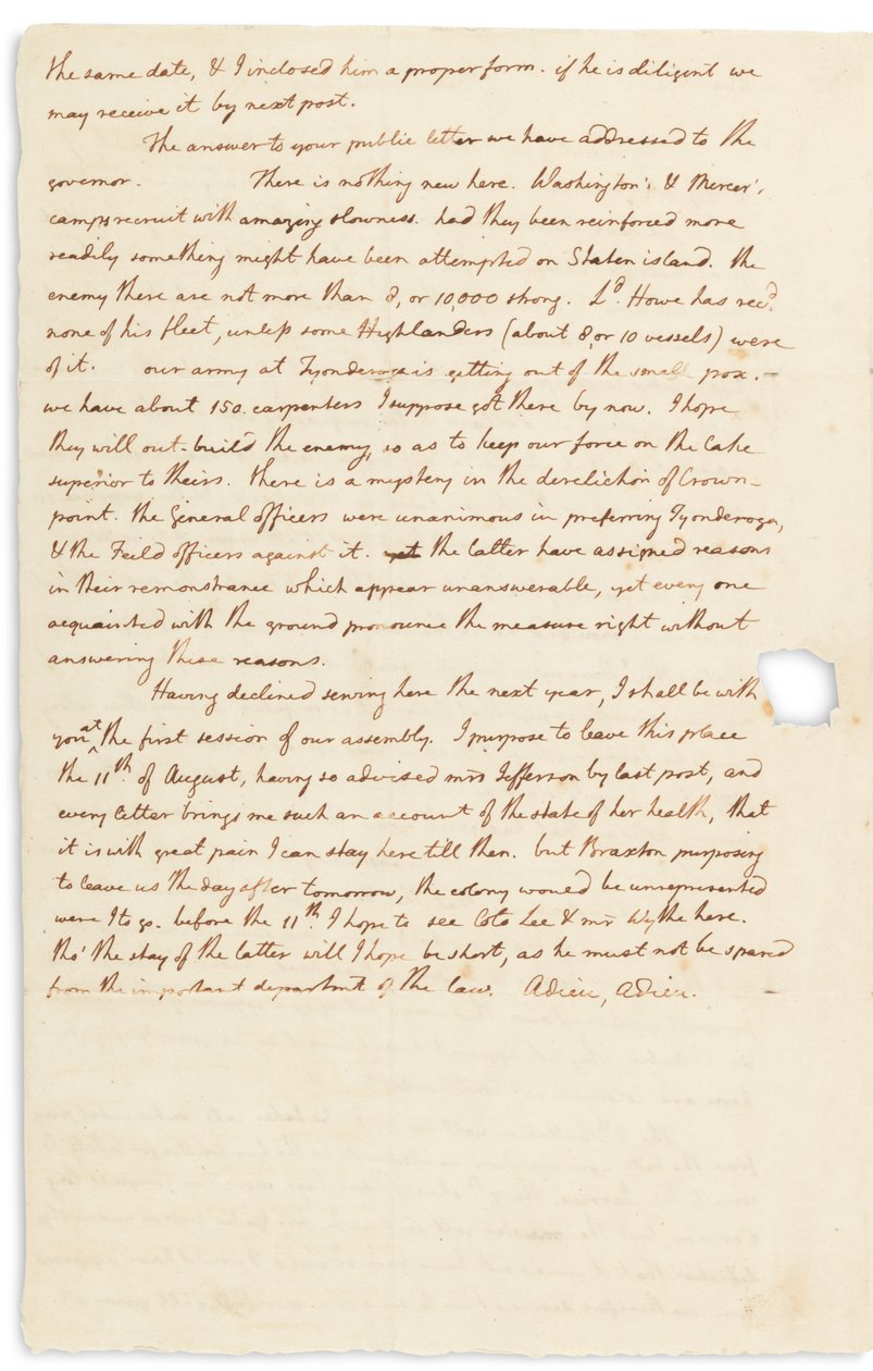 Autografbrev till John Page, Philadelphia, 30 juli 1776 av Thomas Jefferson