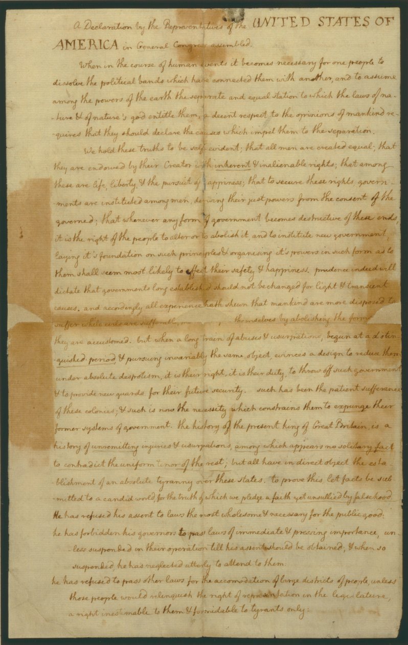 Utkast till självständighetsförklaringen, 4 juli 1776 av Thomas Jefferson