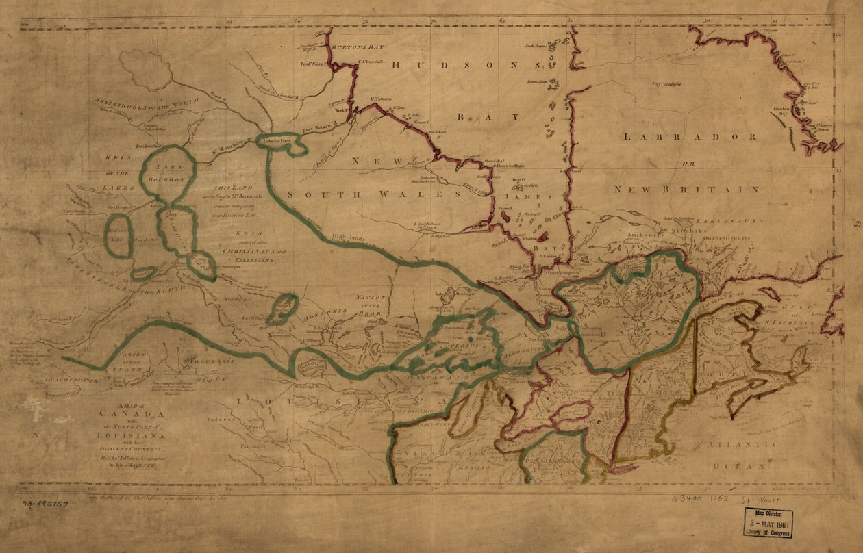 En karta över Kanada och norra delen av Louisiana med angränsande länder. LOC 73695757 av Thomas Jefferys