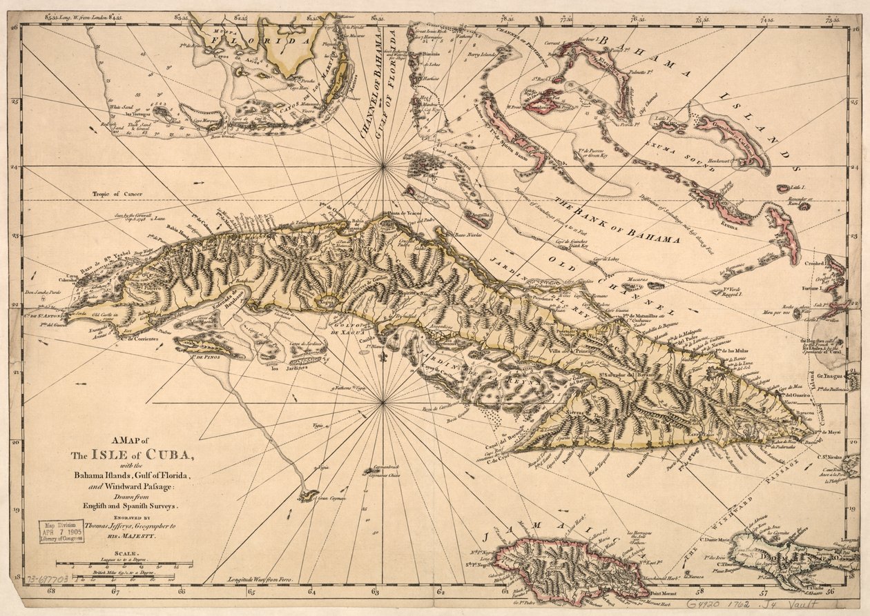 En karta över ön Kuba, med Bahamaöarna, Floridabukten och Windward Passage - ritad från engelska och spanska kartor. LOC 73697703 av Thomas Jefferys