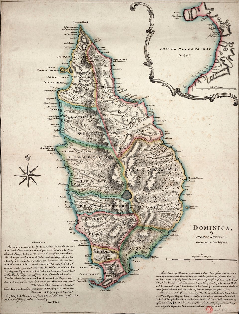 Färgkarta över Dominica med detaljerade geografiska observationer, ca 1760 (handkolorerad gravyr) av Thomas Jefferys