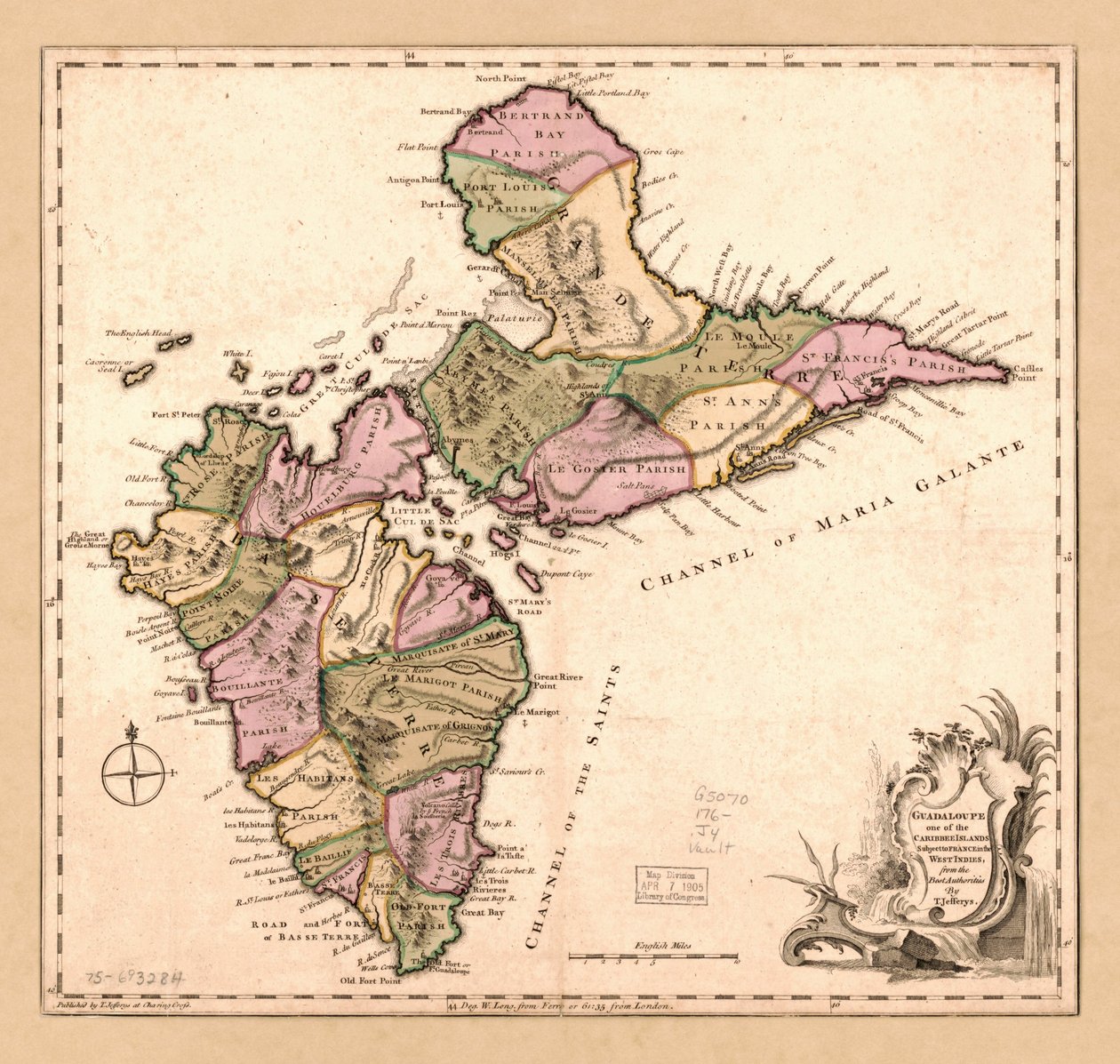 Guadaloupe en av de karibiska öarna som lyder under Frankrike i Västindien, LOC 75693284 av Thomas Jefferys