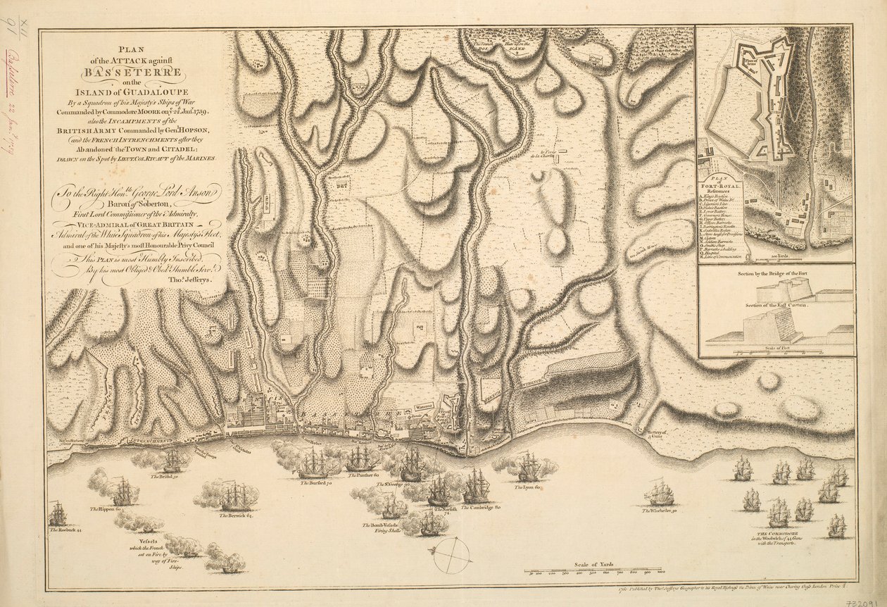 PLAN FÖR ANFALLET mot BASSETERRE på ön GUADALOUPE av en eskader av hans majestäts krigsfartyg under befäl av kommendör MOORE den 22 januari 1759. även den BRITISH ARMY
