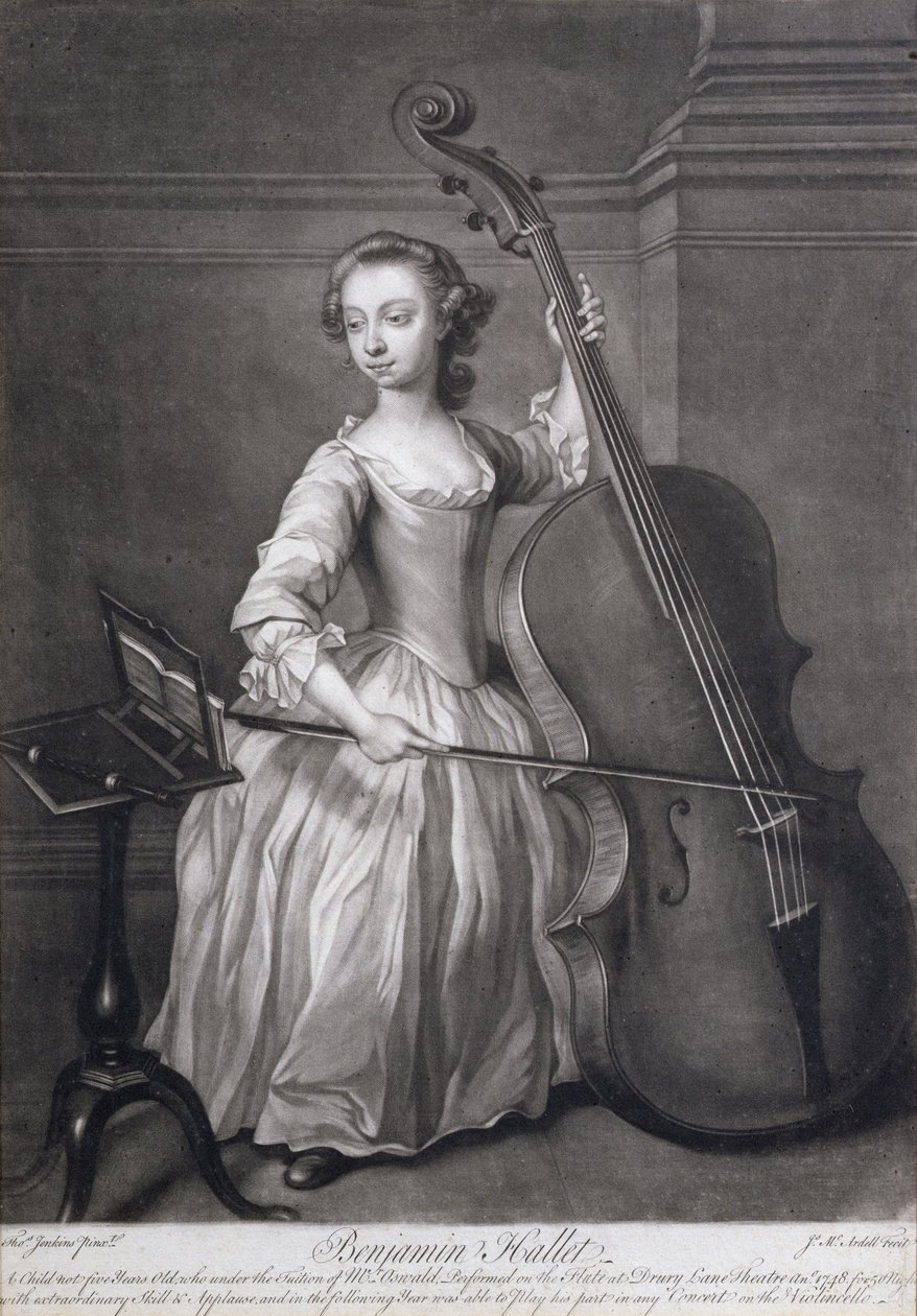 Porträtt av Benjamin Hallet som spelar violincello, graverat av James McArdell (c.1729-65), c.1749 av Thomas Jenkins