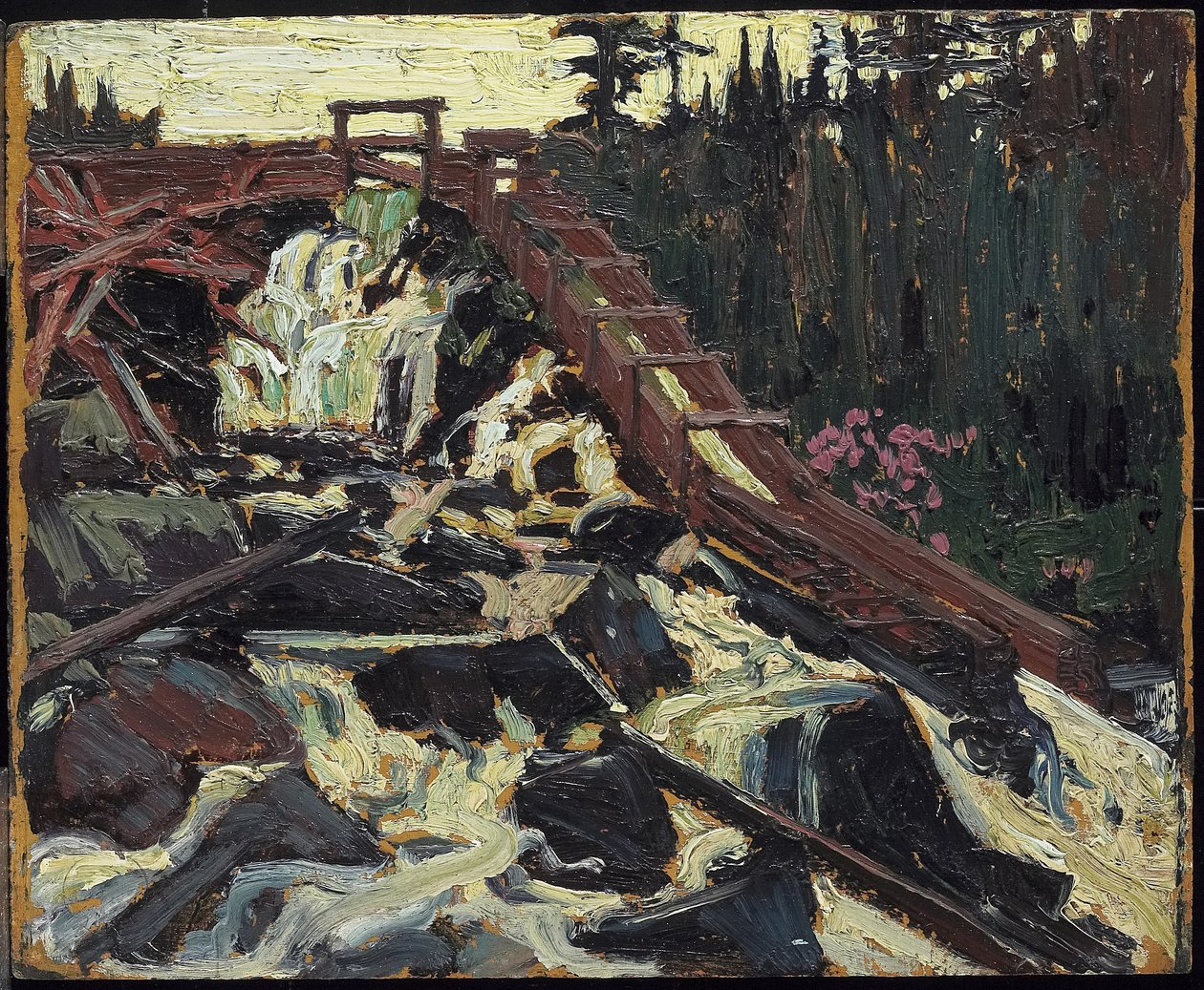 Timber Chute, 1915 (olja på komposit trä-massaskiva) av Tom Thomson