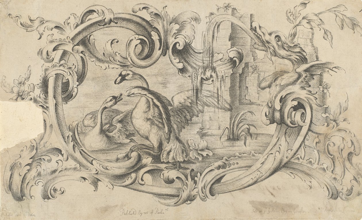 Design för en surfplatta för ett skorstensstycke med två svanar i strid, innesluten i en rulla..., 1762. av Thomas Johnson