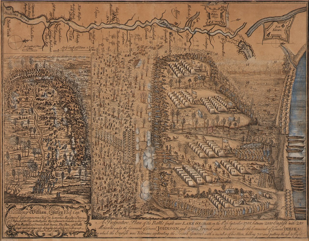 En prospektiv plan över slaget som utkämpades nära Lake George den 8 september 1755 av Thomas Johnston