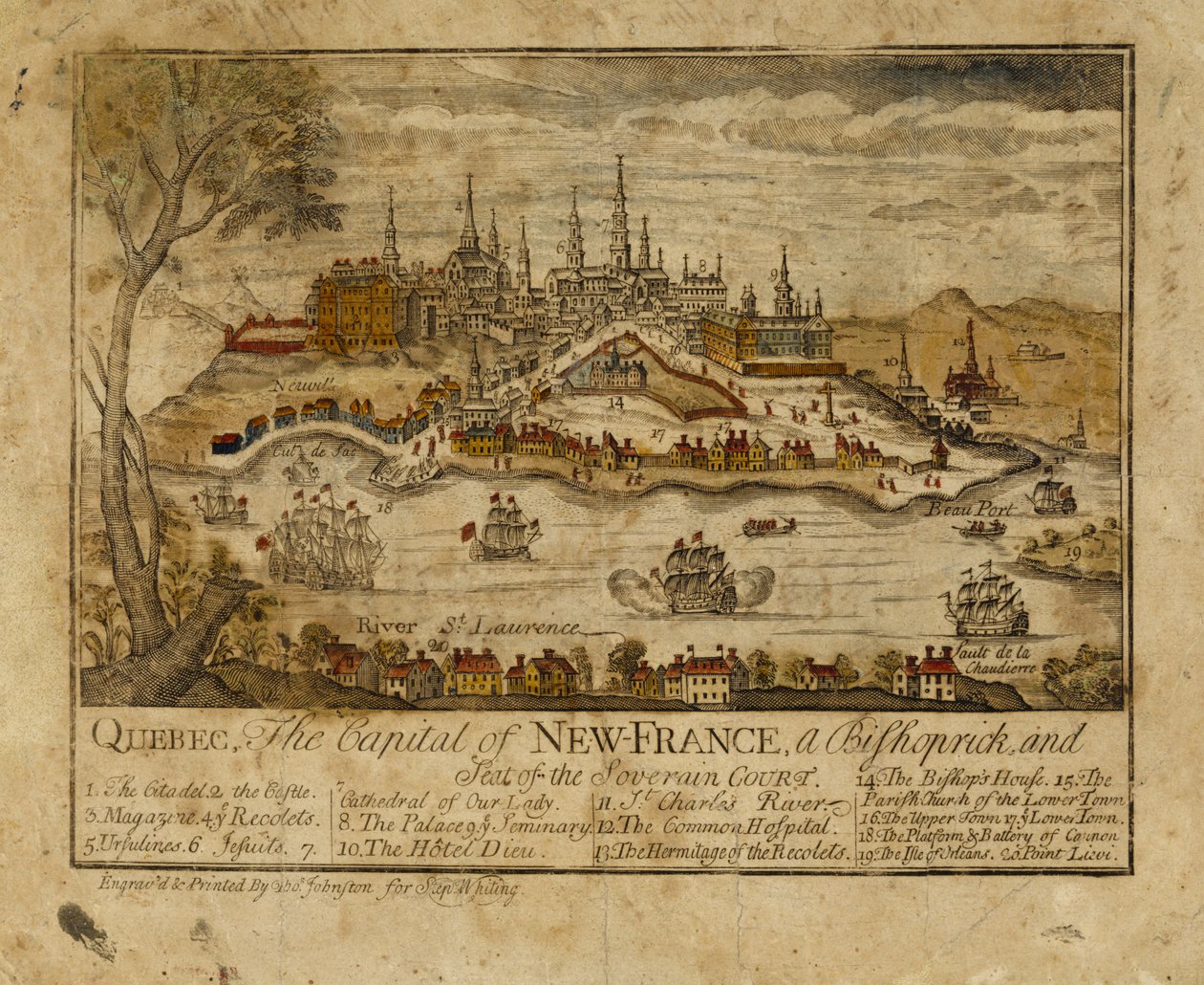 Quebec, Nya Frankrikes huvudstad, en biskopsstol och säte för Sovereindomstolen, 1759 (handfärgad gravyr) av Thomas Johnston