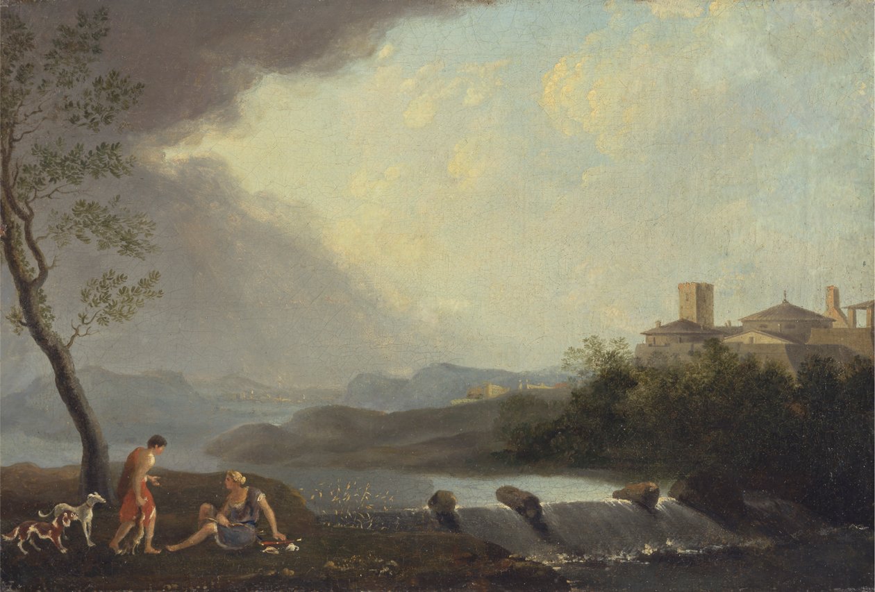 Ett imaginärt italienskt landskap med klassiska figurer och ett vattenfall av Thomas Jones