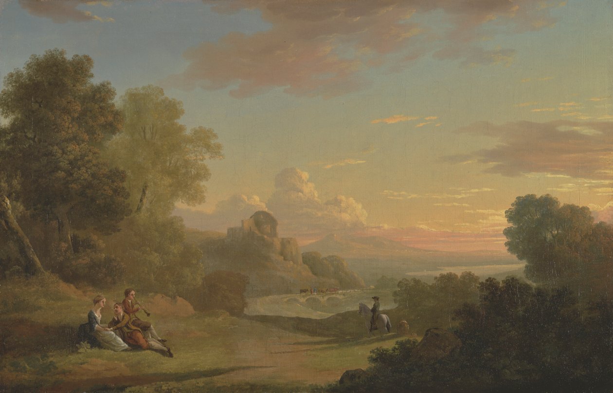 Ett imaginärt landskap med en resenär och figurer med utsikt över Baiae-bukten av Thomas Jones