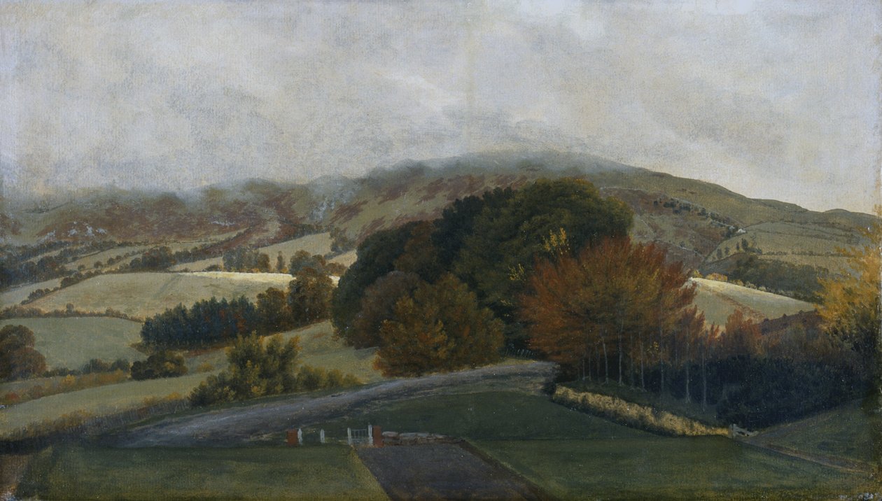 Carneddau Mountains från Pencerrig, ca 1776 (olja på papper på duk) av Thomas Jones