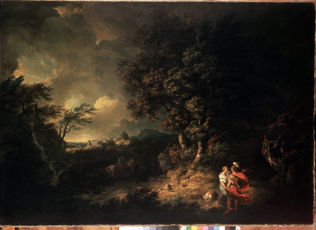""Stormlandskap med Aeneas och Dido"" (Landskap med Aeneas och Dido) Illustration från Virgils Aeneid. Målning av Thomas Jones (1742-1803) 1769 Mått 137,5x193,5 cm Eremitagemuseet, Sankt Petersburg av Thomas Jones
