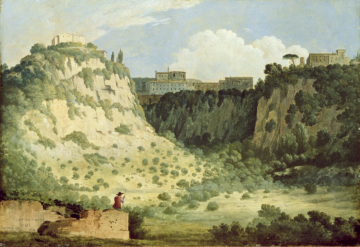 Utsikt över Dianatemplet, Nemi, med en herde i förgrunden, 1785 av Thomas Jones