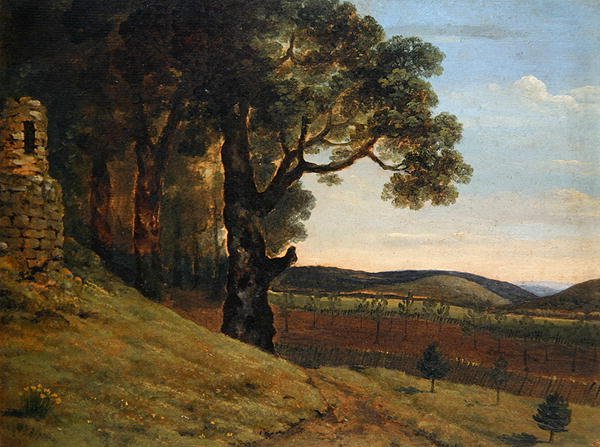 Walesiskt landskap med ekar vid en ruin (olja på papper) av Thomas Jones