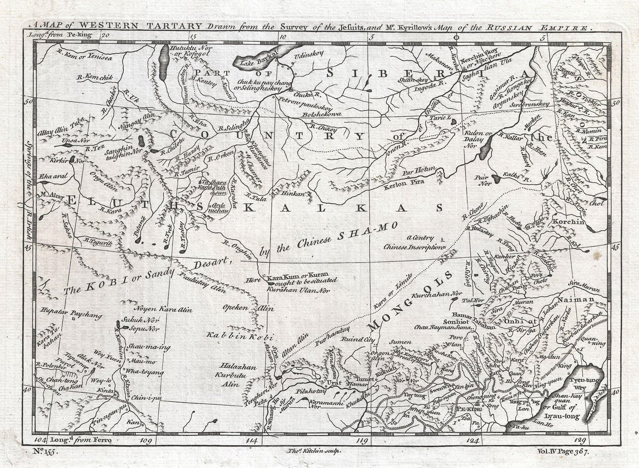 En karta över västra Tartariet ritad efter jesuiternas kartläggning och Mr Kyrillows karta över det ryska imperiet. av Thomas Kitchin