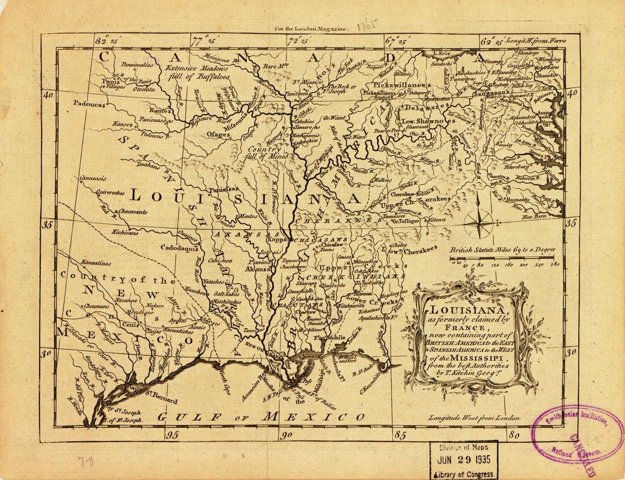 Louisiana, som tidigare hävdades av Frankrike, som nu innehåller en del av Brittiska Amerika österut och Spanska Amerika väster om Mississippi. LOC 77690498 av Thomas Kitchin