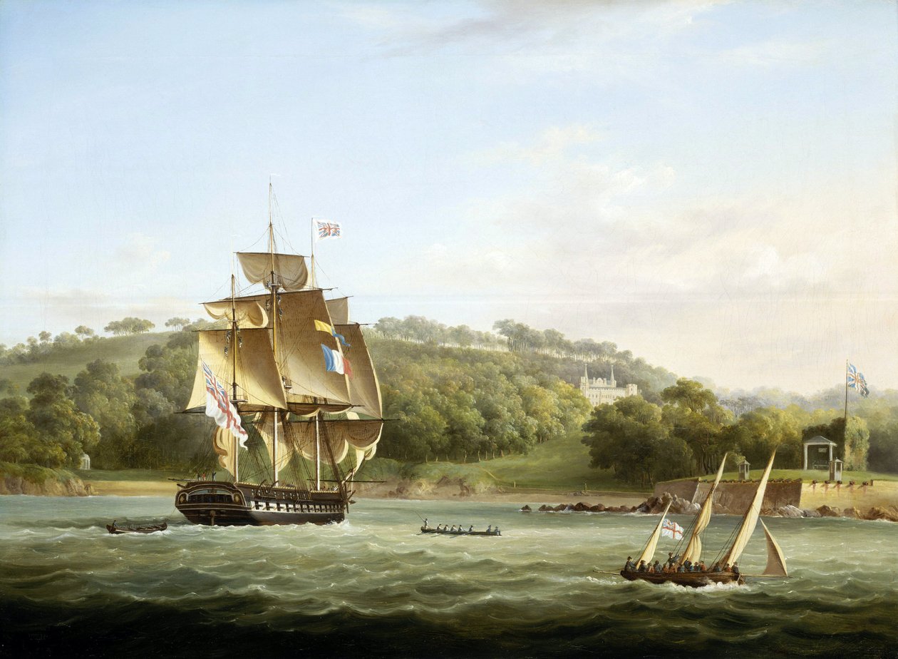 En kunglig fregatt och andra fartyg i Barn Bay utanför Plymouth, England, framför Mount Edgcumbe. Olja på duk, ca 1830-55, av Thomas Lyde Hornbrook (1808-1855). av Thomas L. Hornbrook