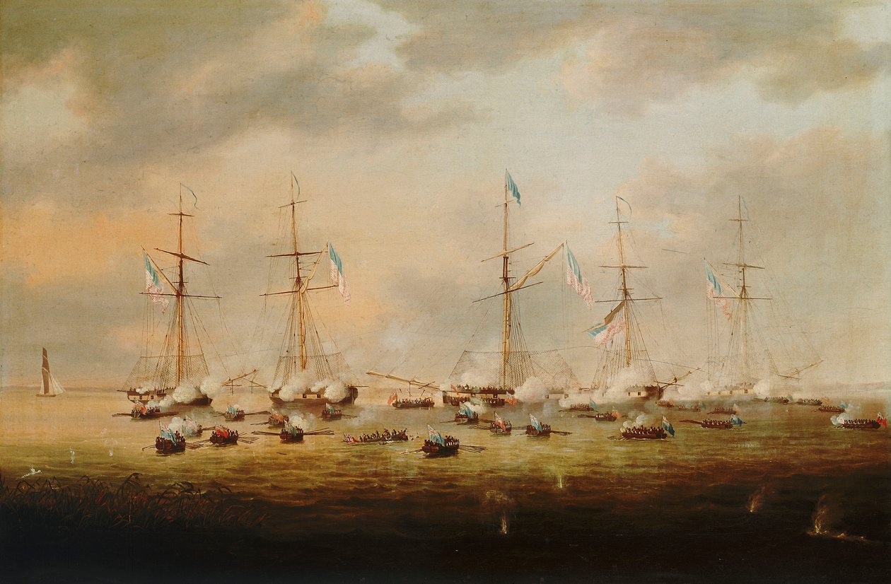 Brittiska och amerikanska kanonbåtar i strid på Borgnesjön av Thomas L. Hornbrook
