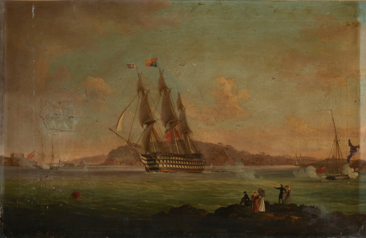 HMS "Britannia" seglar från Hamoaze till Plymouth Sound, med hertigen av Clarence ombord som Lord High Admiral, 27 juli 1828, ca 1828 (olja på duk) av Thomas L. Hornbrook