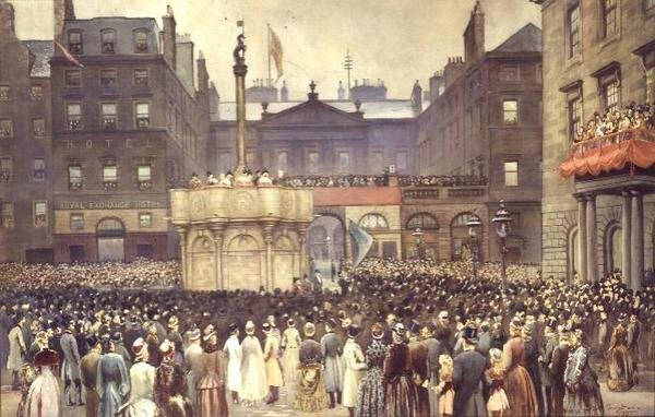 Presentation av det restaurerade marknadskorset i Edinburgh till Magistrates Council av den högvördige W.E. Gladstone, parlamentsledamot, den 23 november 1885. av Thomas L. Sawers