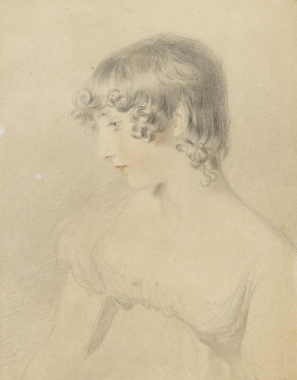 Porträtt av Susan Bloxam i profil till vänster, 1818 (svart krita, med röd krita och lätt stumpad på vitt kort, brunfärgad) av Thomas Lawrence