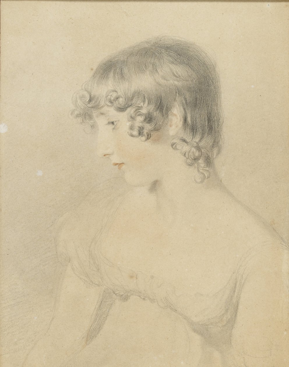 Bystporträtt av Susan Bloxam, vänd i profil till vänster, 1818 (svart krita, vidrörd med röd krita, lätt stött på vitt kort missfärgat brunt) av Thomas Lawrence