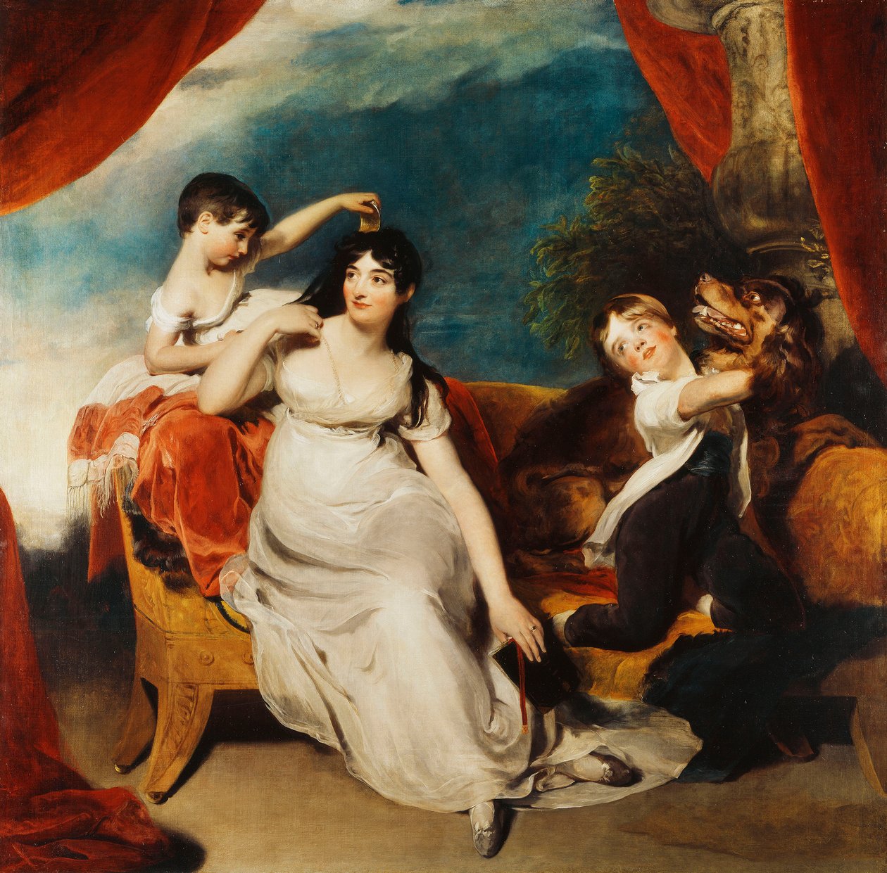 Gruppporträtt av fru Henry Baring och två av hennes barn och en stor hund, ett landskap bortom, ca 1817-1824 av Thomas Lawrence