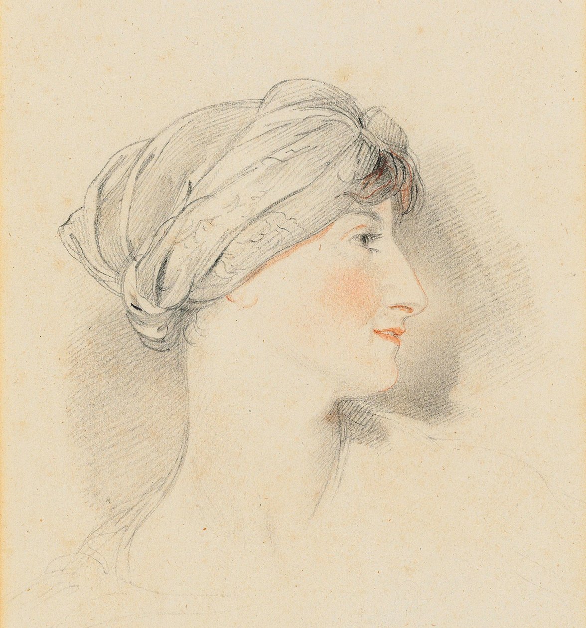 Porträtthuvud av Mrs Jens Wolff, i profil till höger, iförd turban (penna, svart och röd krita) av Thomas Lawrence