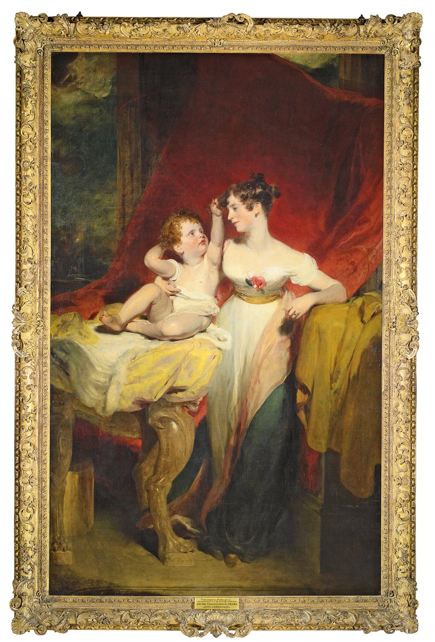 Porträtt av Anne, Viscountess Pollington, senare grevinnan av Mexborough (d. 1870), med sin son, John Charles (1810-99), senare 4:e Earl of Mexborough, fullängd, hon i en vit klänning med en ros vid t. av Thomas Lawrence
